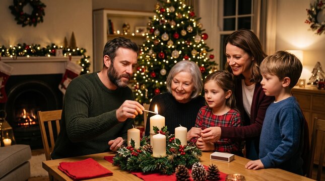 Multi generational family lighting advent candles on Christmas Eve with a decorated tree and fireplace