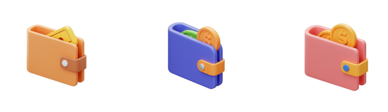 Three 3d isometric wallet icons with coins isolated on transparent background