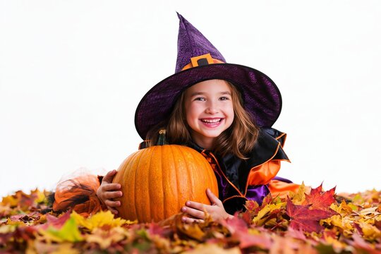 Little girl in witch costume smiling while lying on autumn leaves with pumpkin