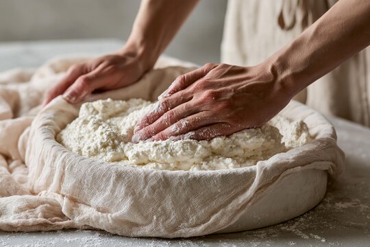 Close-up of baker hands pressing white fresh ricotta cheese in muslin cloth