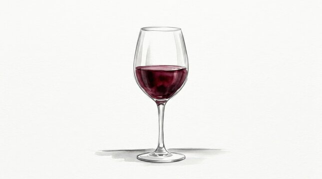 Single wine glass half-filled with deep burgundy red wine centered on white, minimalist hand-painted still-life illustration, loose gray-black contour, subtle transparent glass shading, elegant