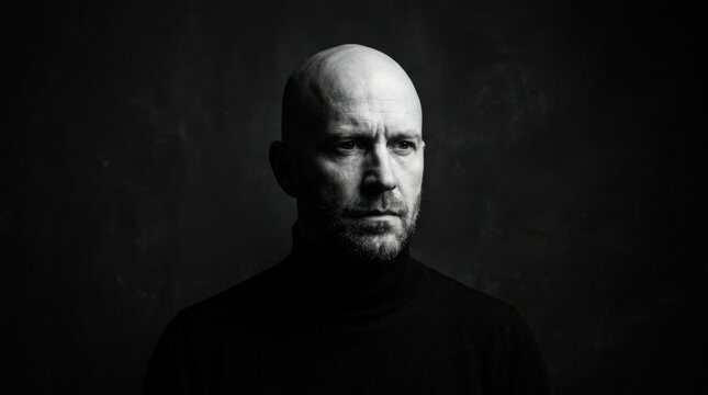 Bald man in a black turtleneck emerging from deep shadow, dramatic monochrome studio portrait, face partially illuminated from above, grainy fine-art texture, centered composition, intense