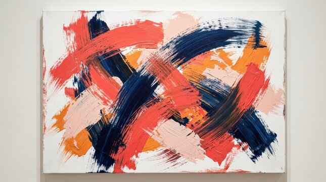 Large expressive brushstrokes sweeping across a white canvas in coral red, orange, navy and pale blush, abstract gestural painting, dry-brush texture, energetic overlapping marks, modern editorial