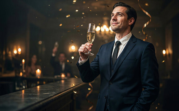 A successful man in a tuxedo celebrating with champagne at a luxurious event.