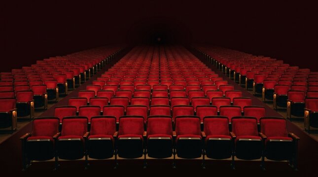 Rows of empty red auditorium or theater seats viewed straight on, minimalist architectural photography, saturated crimson palette, repeating geometric pattern, low warm lighting, subtle texture,