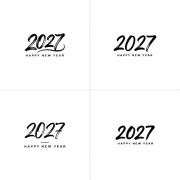 Happy New Year 2027 typography text design set. Hand written calligraphy numbers. Black vector logo