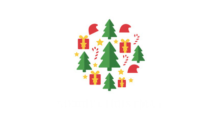 Fototapeta premium Flat Design Christmas Elements Arranged in a Circle with Trees, Gifts, Santa Hats, and Candy Canes