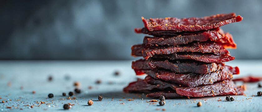 Stack of homemade beef jerky slices seasoned with black pepper and spices on a grey surface