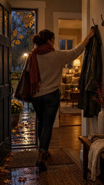 Woman wearing warm sweater and scarf arrives home on rainy autumn evening, hanging her coat on wall hook in entryway of cozy, dimly lit house with view of wet porch outside.