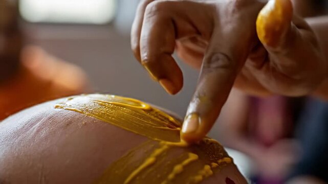 Oil anointing on forehead with large thumb spreading glossy oil slowly