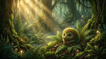 Obraz premium Tiny round creature hidden among lush ferns under golden sun rays, cinematic fantasy illustration, deep moss-green forest, volumetric light, soft fur texture, atmospheric mist and enchanting