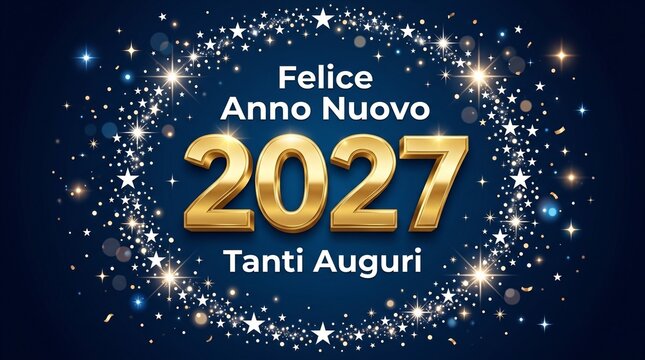 Felice anno nuovo. 2027 in oro 3D in un cerchio di luci stellate. Biglietto d'auguri blu. Illustrazione disegnata a mano. Lingua italiana