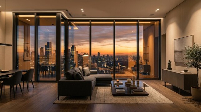 Panoramic modern living room with floor-to-ceiling glass overlooking a sunset cityscape, luxury architectural photography, charcoal furniture, warm beige surfaces and amber sky, cinematic reflections,