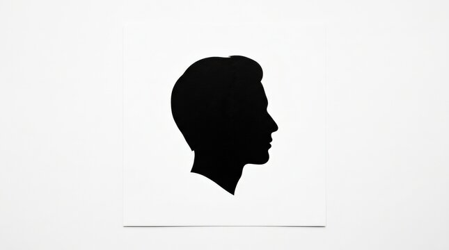 Clean black silhouette of a person's head in side profile against a pure white background, minimalist graphic photography, strong high-contrast shape, anonymous human identity concept, centered