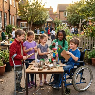 Inclusive group of diverse children with and without disabilities building a robot from recycled materials in a sunny schoolyard for Universal Children's Day celebration.