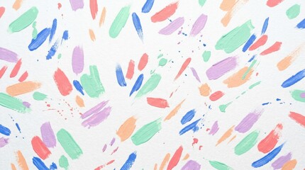 Fototapeta premium Pastel confetti-like brush marks scattered across a white field, abstract hand-painted illustration, mint, cobalt, coral, lavender and peach strokes, loose spontaneous rhythm, cheerful modern surface