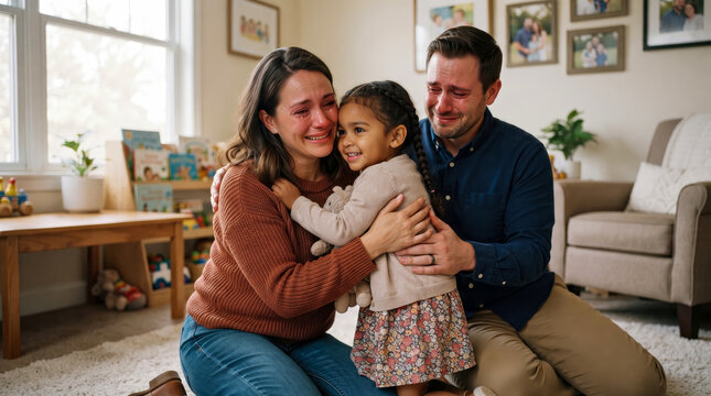 Mother and father embrace their young daughter with tears of joy and happiness, celebrating special moment together in their living room.