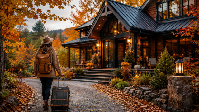 Woman with backpack and suitcase walks towards cozy cabin surrounded by vibrant autumn foliage and fallen leaves.