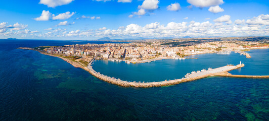 Naklejka premium Marsala city port aerial panoramic view, Sicily