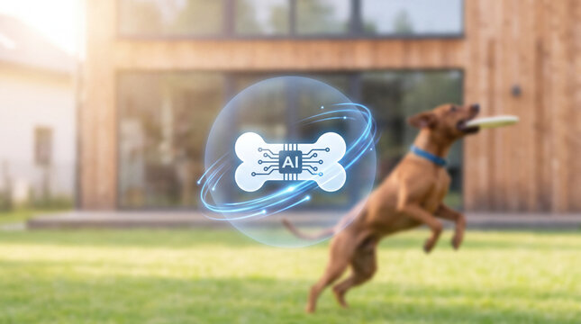 Brown dog jumping for frisbee in sunny backyard, holographic AI bone representing smart collar with location tracking and pet health monitoring