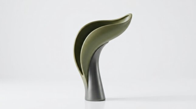Elegant sculptural vase with a narrow metallic-gray body supporting a single sweeping olive-green leaf-like form, premium minimalist 3D render on a light gray background, biomorphic silhouette, soft