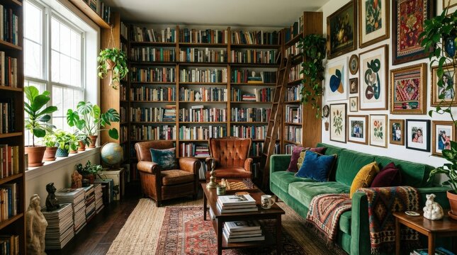 Art-filled library living room with floor-to-ceiling shelves, colorful gallery wall, abundant plants and layered textiles, warm maximalist interior photography, rich jewel-tone accents, natural window