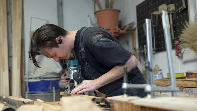 Old furniture renovation process in restoration workshop, focused man carpenter using plunge router at worktable, skilled male woodworker processing wooden board with electric wood router machine.