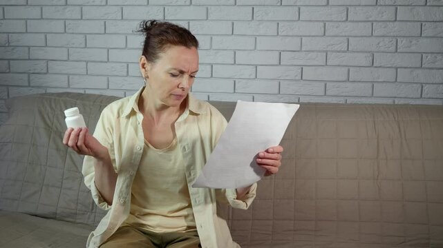 Confused mature woman reading medical prescription. Puzzled mature woman sitting on a sofa while reading the instructions on a medicine bottle and a prescription, showing a bewildered