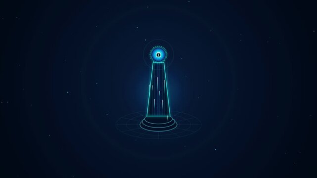 Abstract futuristic tower icon with glowing digital security padlock motion Graphics