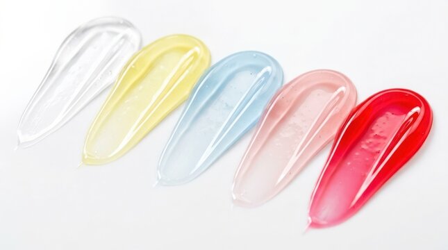 Transparent glossy gel swatches in clear, yellow, pale blue, blush pink and vivid red arranged across a pure white background, macro cosmetics texture photography, smooth wet reflections, luminous