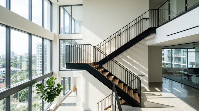 Minimalist modern staircase with slim black metal stringers and railings rising through a bright white interior, architectural photography, pale walls, large windows and abundant daylight, crisp
