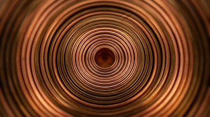 Fototapeta premium Concentric copper-brown rings forming a hypnotic circular macro pattern, abstract material photography, bronze, burnt umber and amber palette, glossy highlights, shallow depth of field, smooth curved