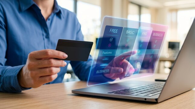 Person holding a credit card while choosing between digital subscription plans from a pricing table.