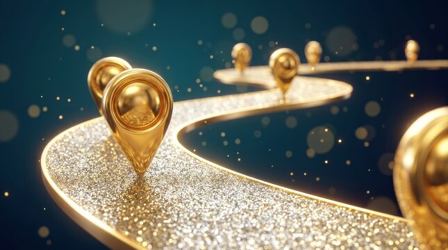 Technology roadmap illustration with golden pin pointers marking a path on a blue background.