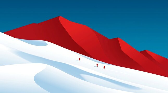 Minimalist art of people climbing a red and white ski slope against a blue sky.