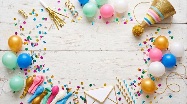 Birthday Party Celebration Flat Lay with Balloons Confetti and Party Hat