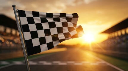Obraz premium A checkered flag waves at the race car rally finish line during a beautiful sunset.
