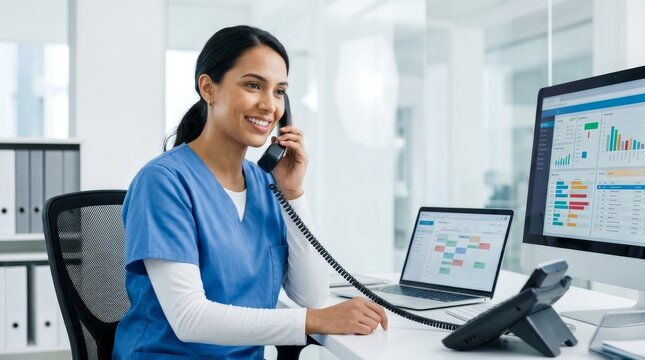 Smiling female doctor making a phone call for a medical consultation in a hospital.