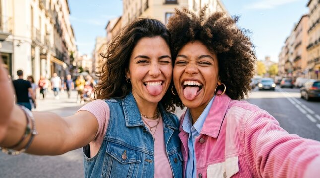Two Gen Z women taking a goofy outdoor selfie with tongues out in the city.