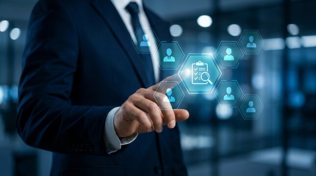 A professional businessman selecting a checklist icon for business ethics and employee performance evaluation.