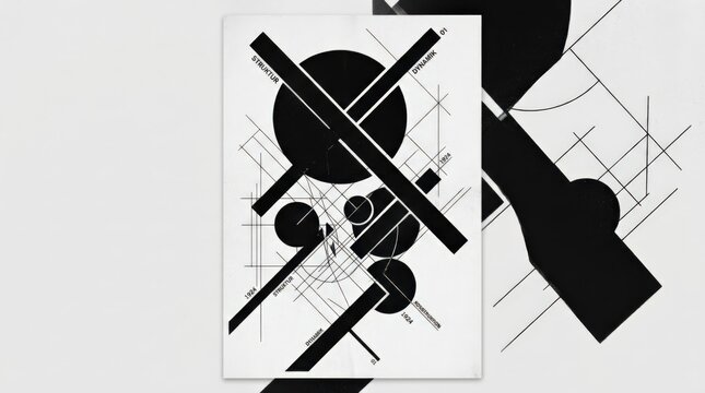 Abstract black circles, diagonal bars and fine construction lines colliding in an asymmetrical white composition, experimental constructivist graphic design, crisp monochrome palette, strong visual