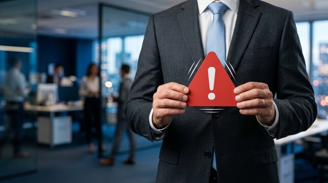 A businessman holding a red danger warning sign for risk alerts and crisis communication.