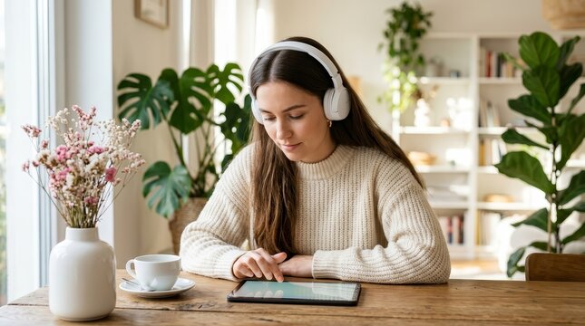 Young woman wearing white headphones while checking content on a tablet at home.
