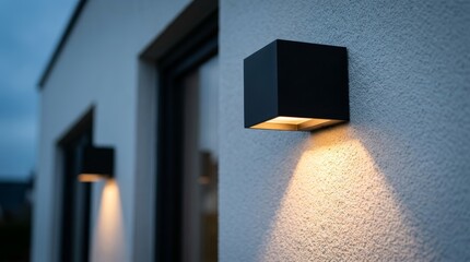 Obraz premium Two modern black cube outdoor wall lights illuminating a textured building exterior.