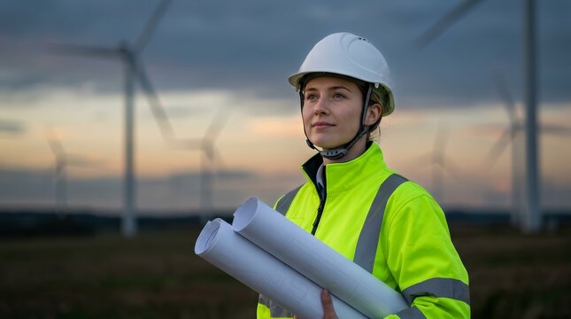 Female engineer wearing a white hard hat and high-visibility jacket at a wind farm.