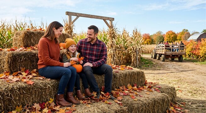 Family sitting on hay bales at an autumn pumpkin patch and corn maze. Autumn seasonal outdoor family activity