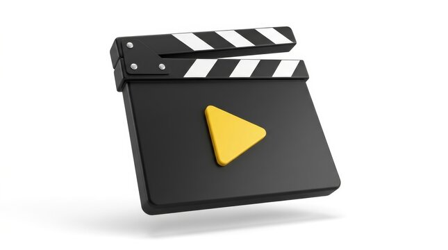 3D movie clapper board with a video play icon on a black film slate illustration.