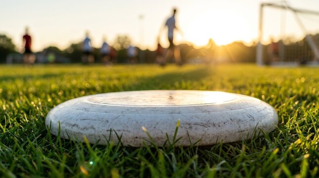 A worn white ultimate frisbee rests on the green grass of a field at sunset.