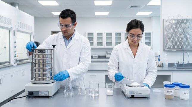 Laboratory specialists perform sieve analysis on powder samples to assess particle size distribution.