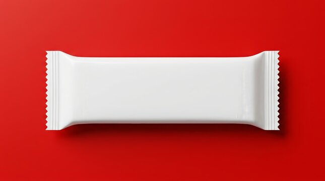 Blank white plastic snack bar wrapper mockup on a vibrant red background.